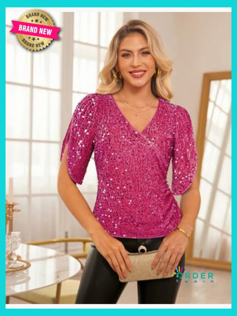 V Neck Velvet Sequin Blouse 3/4 Sleeve Ruched Party Top Dressy Sparkly - Picture 5 of 7